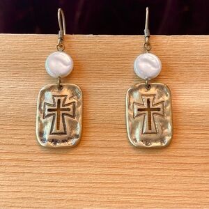 Earrings ~ Brass w Cut Out Cross ~ Faux Pearl Bead